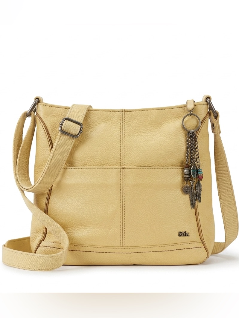 The Sak Yellow Pebble Leather Boho Messenger Charm Tassel Crossbody Shoulder Bag